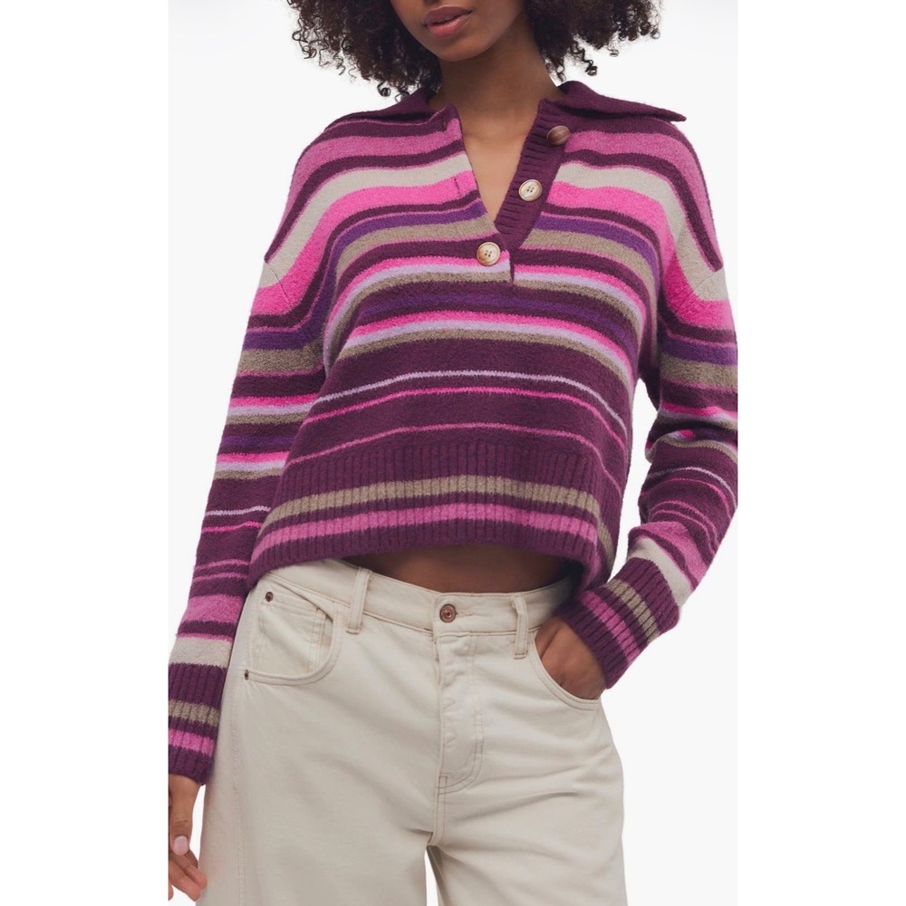 Free People Trading up Striped polo relaxed sweater NWOT